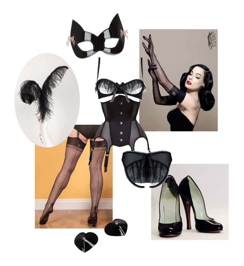 outfit set: black sheer corset with garters, black sheer peek-a-boo frilled bra and panty set, sheer black vintage-style seamed stockings, photo of Dita Von Teese wearing sheer black opera-length gloves, vintage black patent fetish heels, heart-shaped black patent pasties, black patent kitten mask, and black ostrich feather tickler